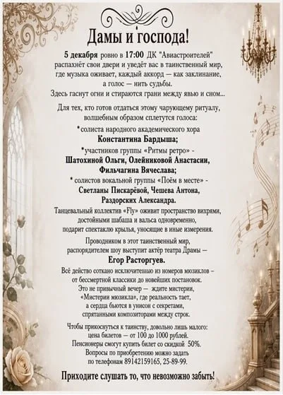 Музыкальный вечер-мистерия «Мистерии мюзикла» во Дворце культуры Авиастроителей
